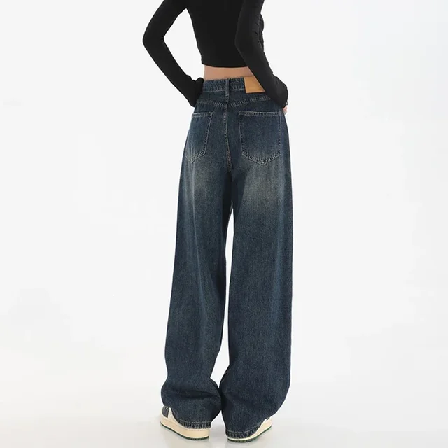 Femme taille haute coupe ajustée jambe large jean femme haute rue Y2k 2000s pantalons décontractés dame mode noir bleu pantalon en Denim ample 3