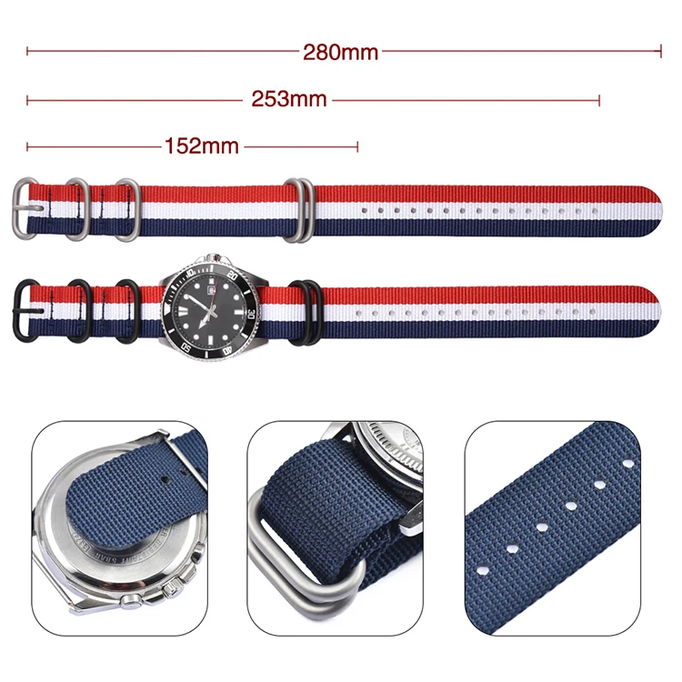 Military Style Woven Nylon Watch Band with Stainless Steel Buckle - Universal Replacement Strap