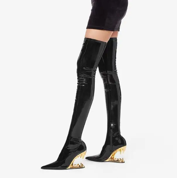 

Black Shiny Leather Ivory Metal Tiger Teeth Hollow Strange Heel Over The Knee Boots Women Elastic Pointed Toe Thigh Long Boots