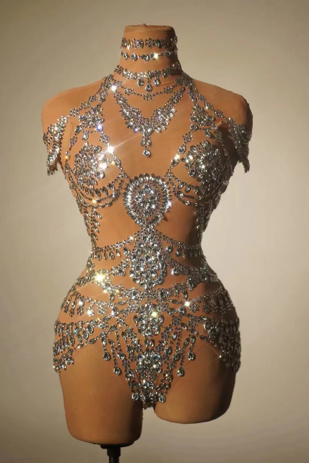 SparklyRhinestonesBodysuitWomen2024SexyMeshTransparentDance