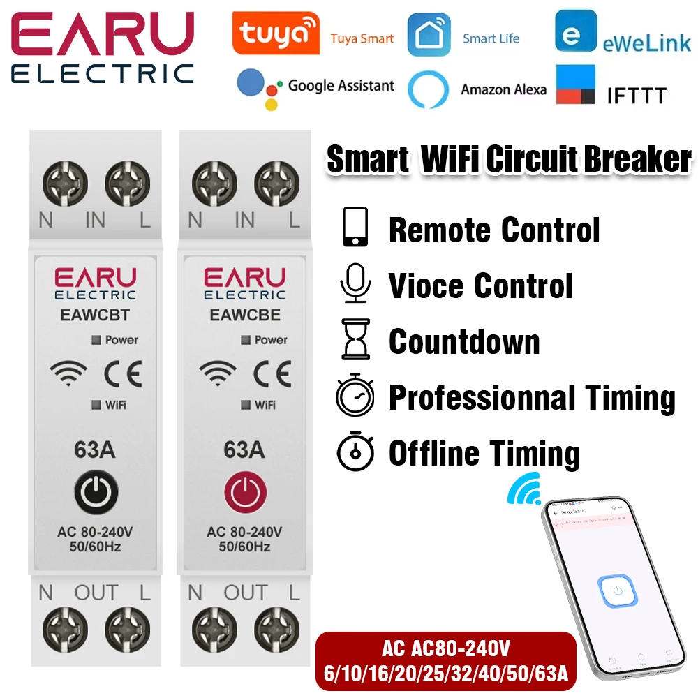 1P 1P+N WiFi Smart Circuit Breaker Time Relay Switch Remote Control by Tuya Smar
