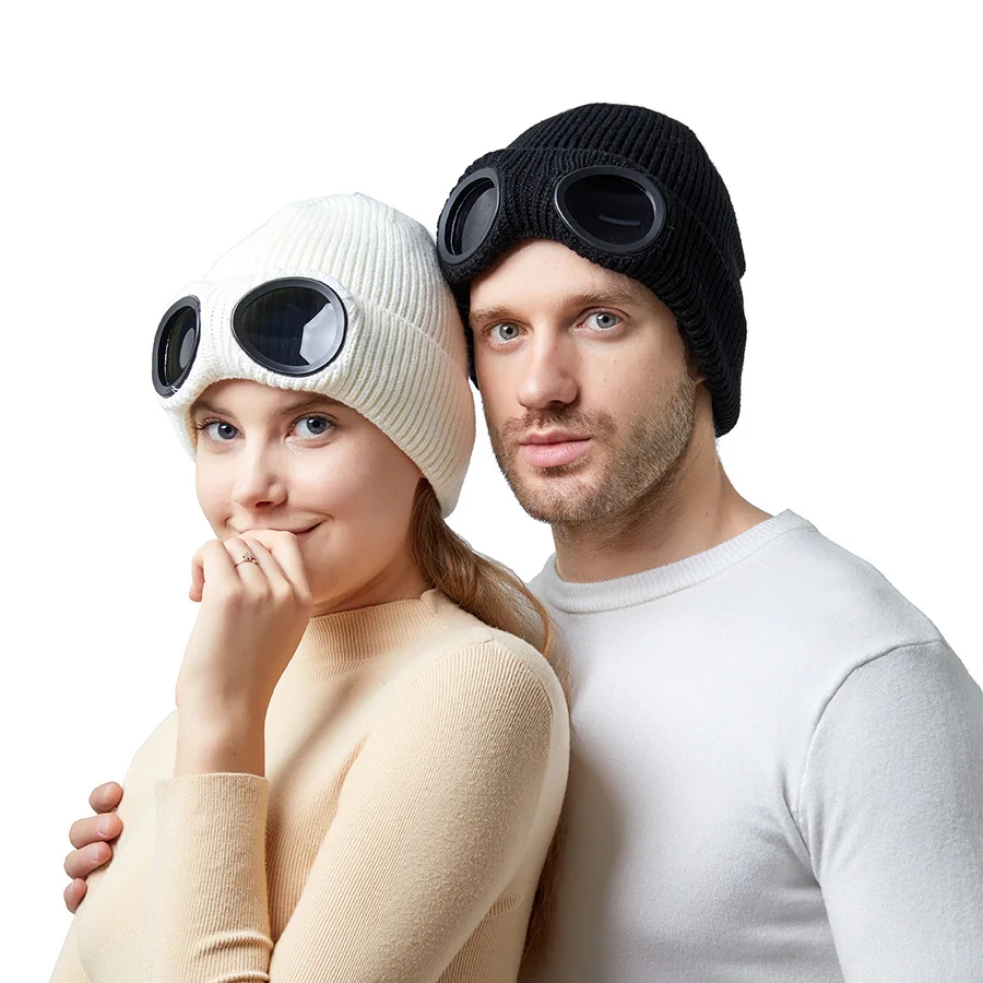 

Осенне-зимние мужские и женские ветрозащитные очки интегрированная шапка с плюшевой зимней шапкой вязаная теплая Лыжная шапка для защиты ушей