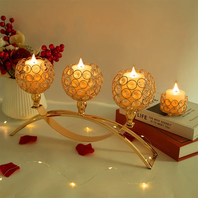 Gold Metal Crystal Beaded Goblet Tea Light Candle Holders, Votive