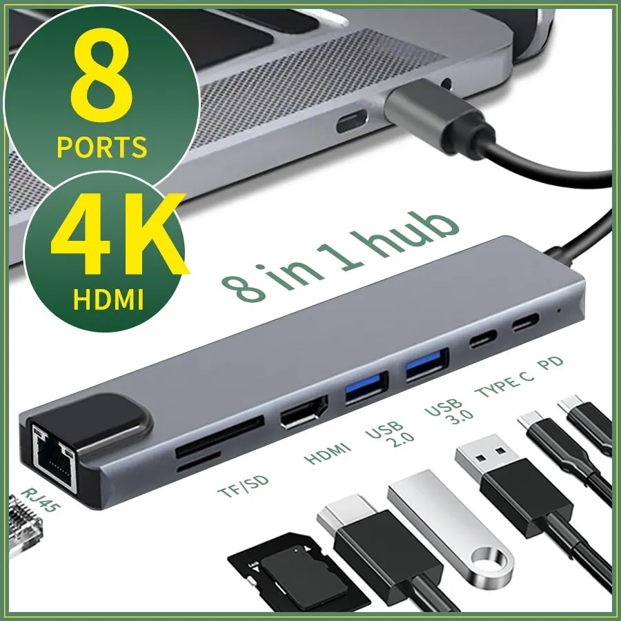 8 In 1 USB Type C HUB USB C To HDMI-Compatible RJ45 TF SD Reader.