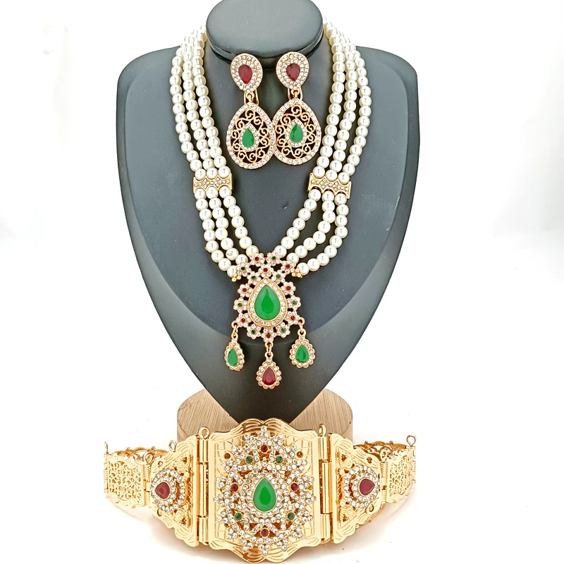 Arab Wedding Ornaments Set Fashionable Green Rhinestone Jewelry Moroccan Women Pearl Earrings Pearl Necklace Waist Chain,