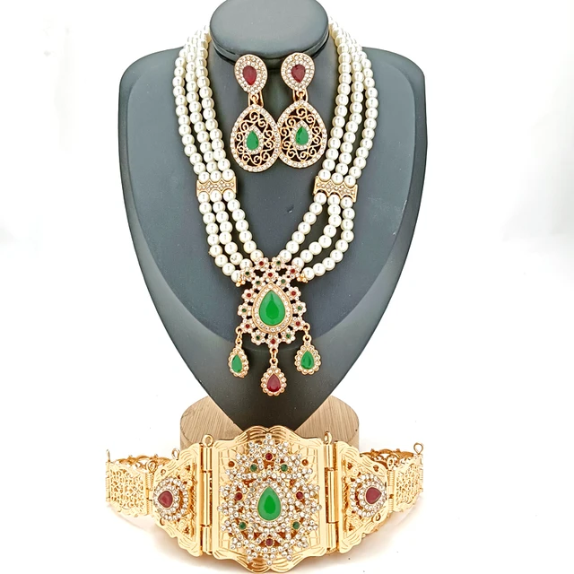 Arab Wedding Ornaments Set Fashionable Green Rhinestone Jewelry Moroccan Women Pearl Earrings Pearl Necklace Waist Chain, Jewelry Set 1