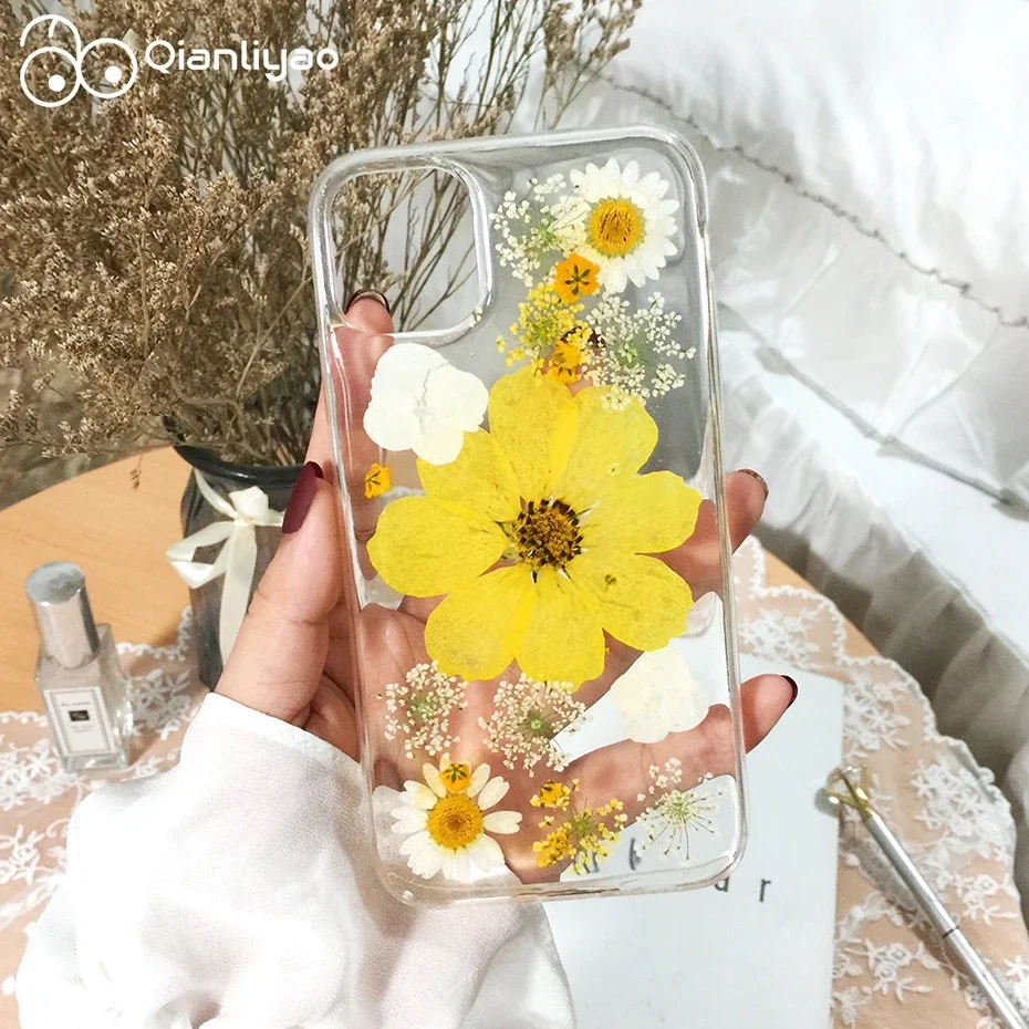 

Qianliyao Real dried flower phone case for iphone 15 14 13 12 11 pro max natural handcraft flower soft cover
