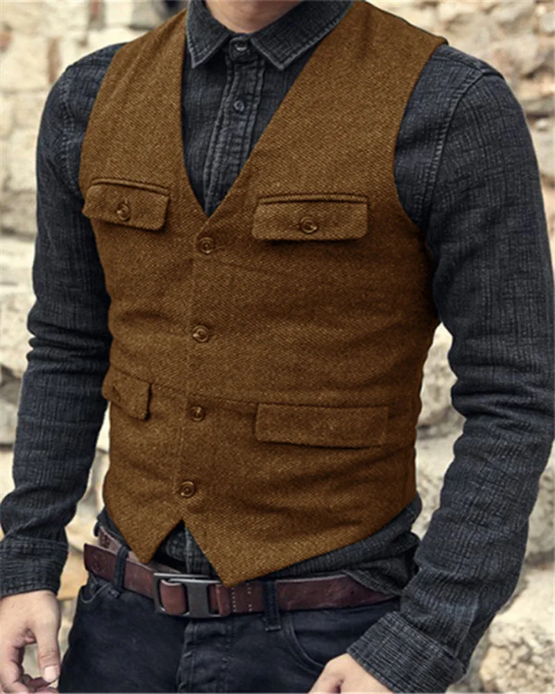 Mens Suit Dress Vests Men's Suit Vest Brown Burgundy Herringbone Wool Tweed Vintage Steampunk Waistcoat Formal Business Vests For Men Wedding