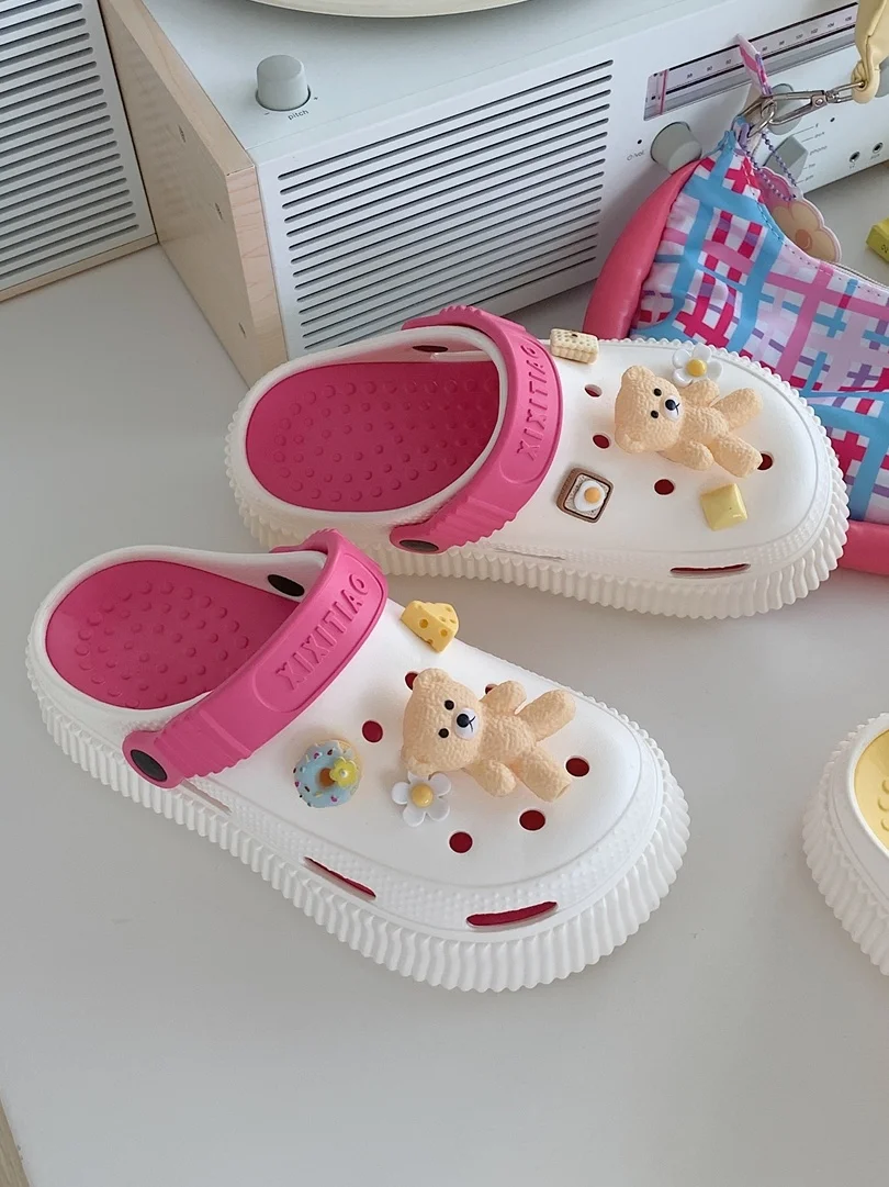 Cute Bear DIY Hole Garden Shoes Female Slippers 2023 Summer Soft