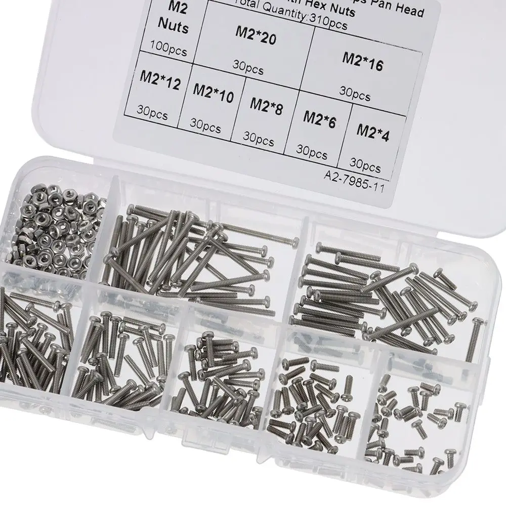 Metric Hex Nuts 304 Stainless Steel Phillips Pan Head Machine Screws M2 Screw Nut Kit 310PCS