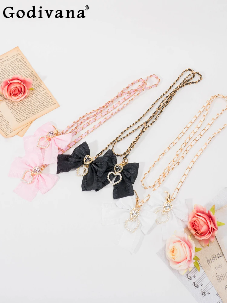 Japanese Fashion High-End Women's Bow Chain Mobile Phone Charm Card Bag Strap Accessories Sweet Cute Diamonds Pearl Metal Chain