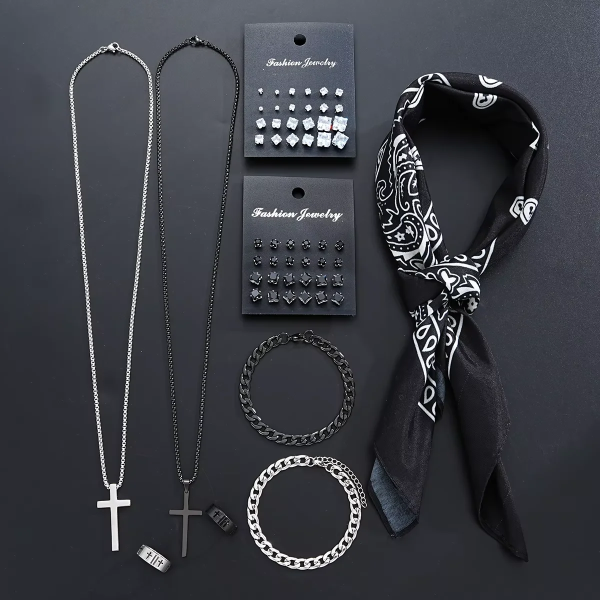 55 Pcs Stainless Steel Jewelry Set for Men Punk Hip Hop Zircon Stud Earrings Link Bracelet Cross Pendant Necklace Bandana Sets