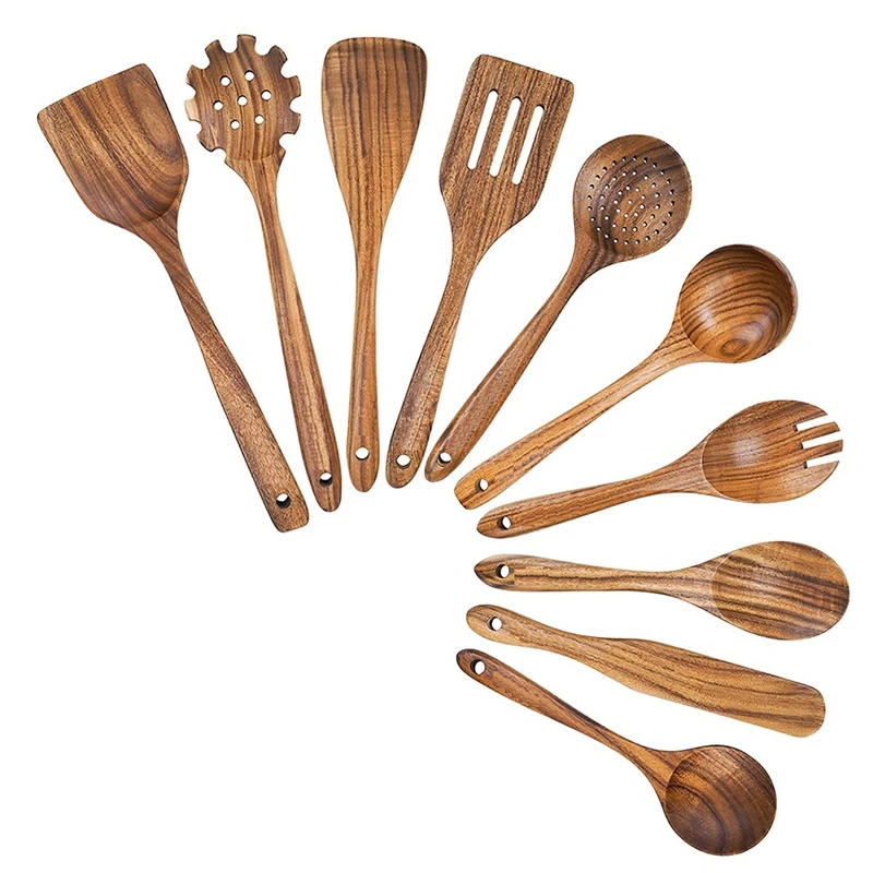 

Wooden Cooking Utensils, Kitchen Utensils Set With Holder Teak Wood Spoons And Wooden Spatula For Cooking