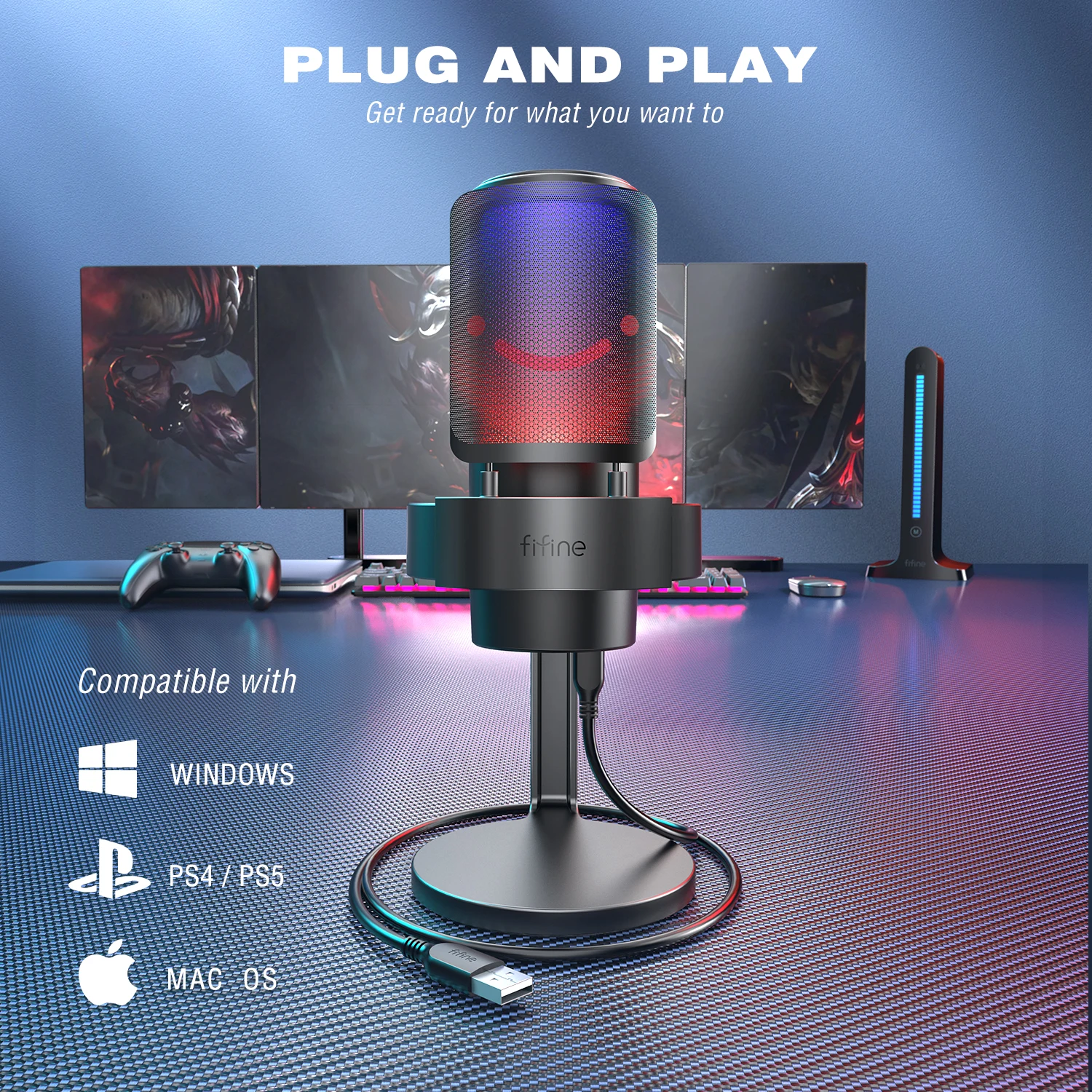 FIFINE USB микрофон для записи и потоковой передачи на ПК и Mac, выход наушников и кнопка сенсорного отключения звука, микрофон с 3 режимами RGB…