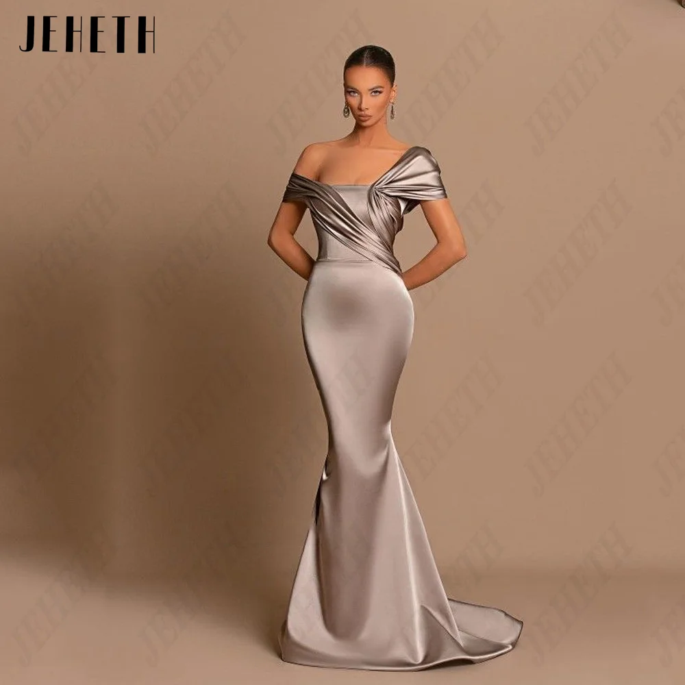 

JEHETH Mermaid Satin Evening Dresses For Woman Off Shoulder Strapless Prom Party Gowns Sexy Sweep Train vestidos de gala 2023