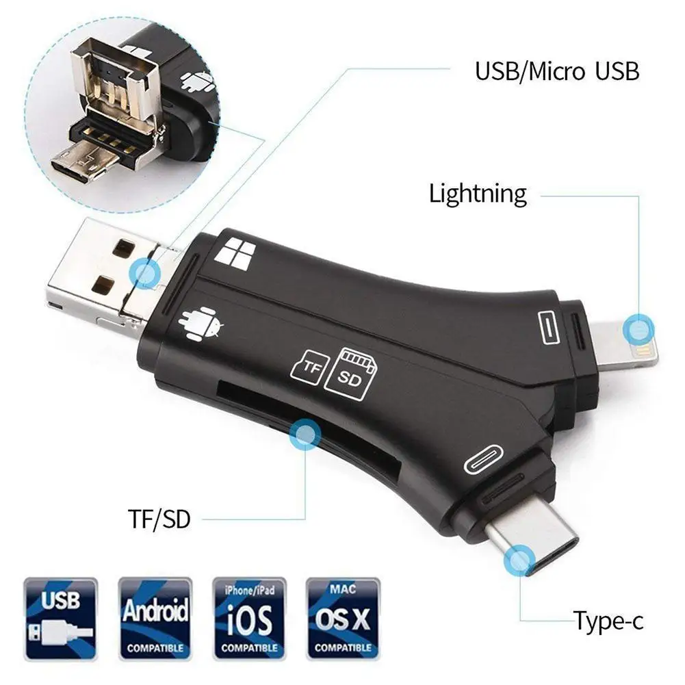 Lettore di schede 4 in 1 USB-C / Lightning / Micro-USB / USB Micro