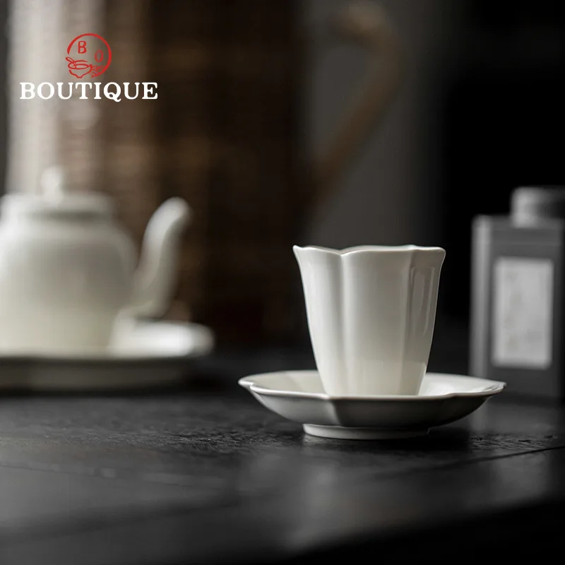 Grass Ash Handmade Petal Tea Cup Ceramic Cup For Tea Kung Fu Set Cups Home White Small Master Smelling Unusual