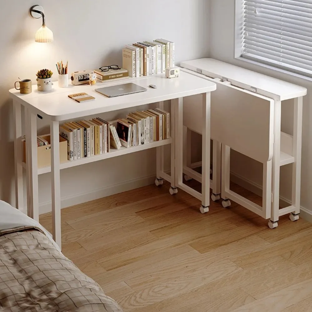 Computer Desk Folding Camping Table Folding Computer Desks Simple Minimalist Multifunctional Bedside Tables with Wheel and Bookshelf