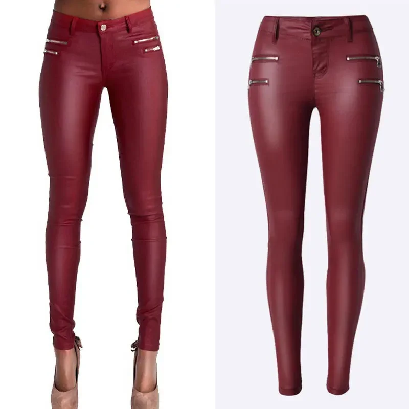 Women Skinny Jeans Sexy Low Waist Wine Red Stretch jeans Faux Leather Slim PU Pencil Pants uniqlo ultra stretch skinny fit jeans