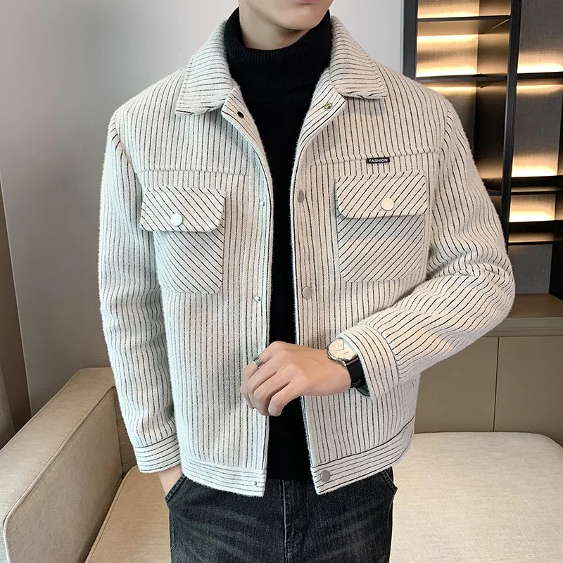 

New Men's Autumn/winter Jacket Top Woollen Fabric Not The Ball Vertical Stripes Tweed Slim, Trendy Men's Dailywear Overcoat