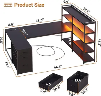 L Shaped Gaming Desk, Reversible U Shaped Computer Desk with Power Outlet and Storage Shelves,Corner Gaming Desk with LED Lights 2