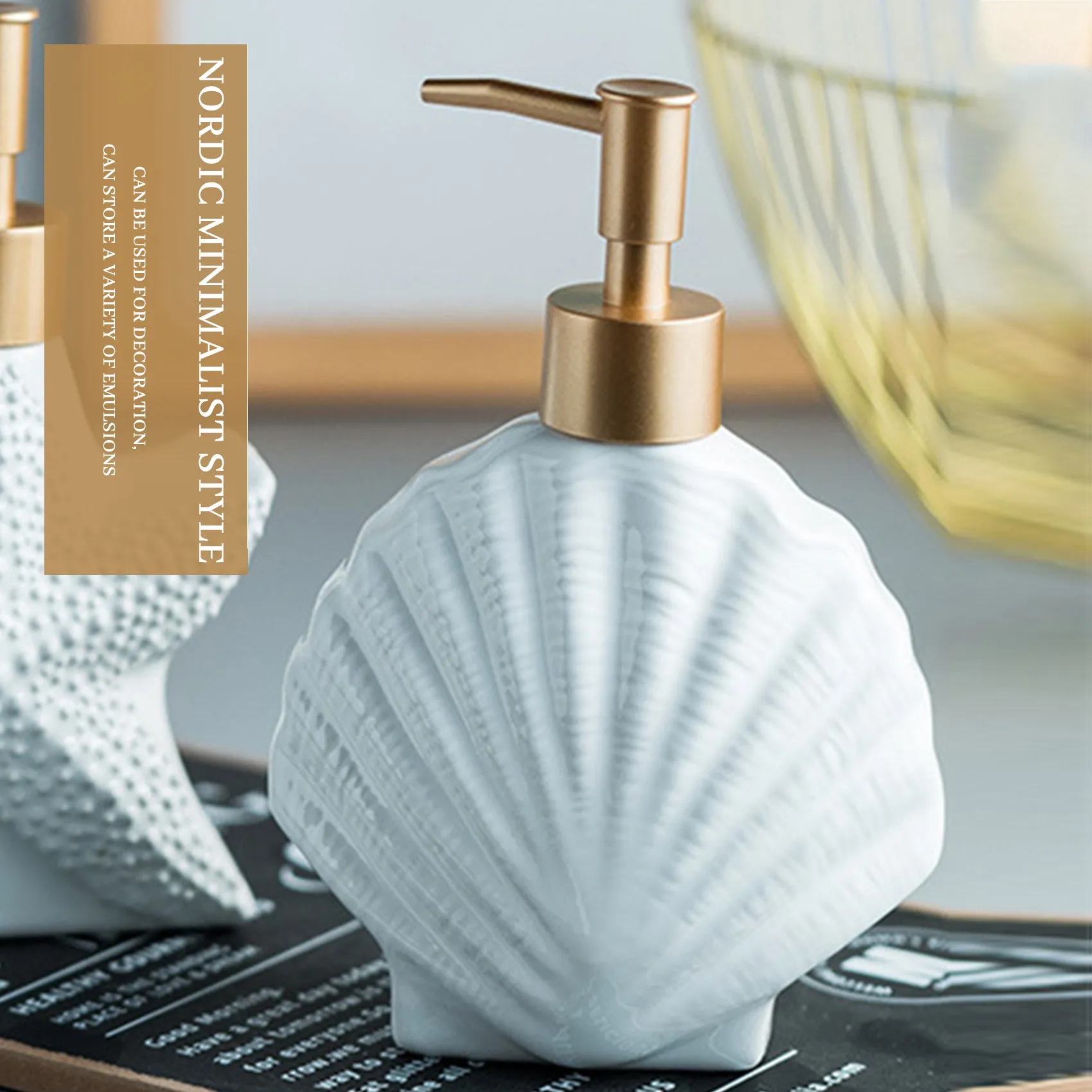 Ceramic Soap Dispenser,Liquid Soap Bottle,Lotion Hand- Bottles,Nordic Style Press Lotion Bottle,420ML,Shell