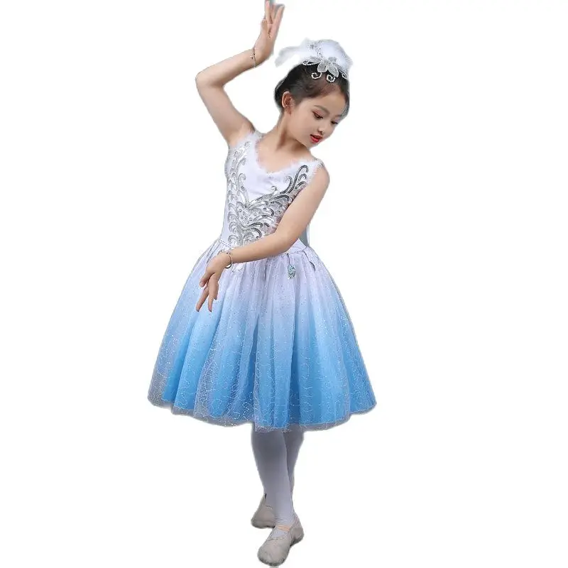 

Children's Ballet Dress Practicing Clothes Feather Ballet Dress Girls' Performance Clothes Sky Blue Princess Skirt Tutu