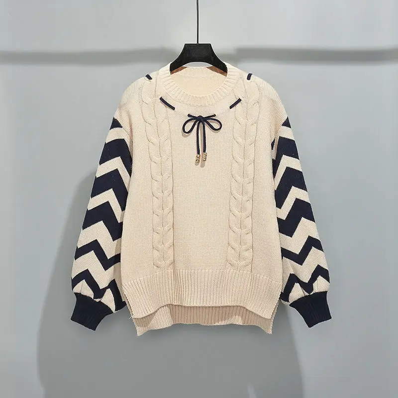 

Fashion Spliced Knitted Lace Up Asymmetrical Sweaters Female Clothing 2023 Autumn Winter Casual Pullovers All-match Warm Tops