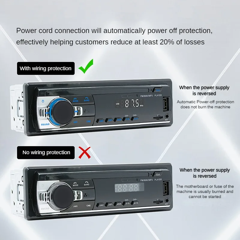 Car MP3 Player USB Card Radio Intelligent Bluetooth Lossless Music Car Portable Hands Free Call Wiring Protection FM Player