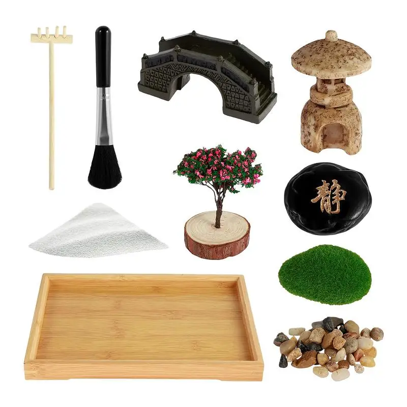 

Tabletop Zen Garden Meditation Tabletop Sand Tray Mini Sandbox Creative Desktop Zen Deco Play Kit With Artificial Tree Bridge