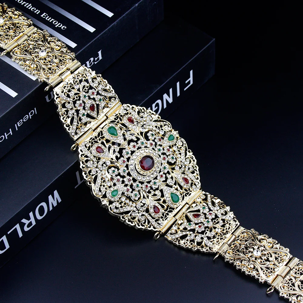 Sunspicems Breiter Marokko-Gürtel für Frauen, Kaftan, Kleid, Taillenkette, goldfarben, arabische Hochzeit, Körperschmuck, Kristallgürtel, Brautgeschenk – Detail 5
