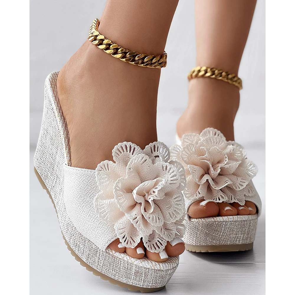 Fashion Women Floral Pattern Pu Leather High Heel Wedge Summer Peep Toe Heels Slipper Sandals Casual Streetwear Korean Style