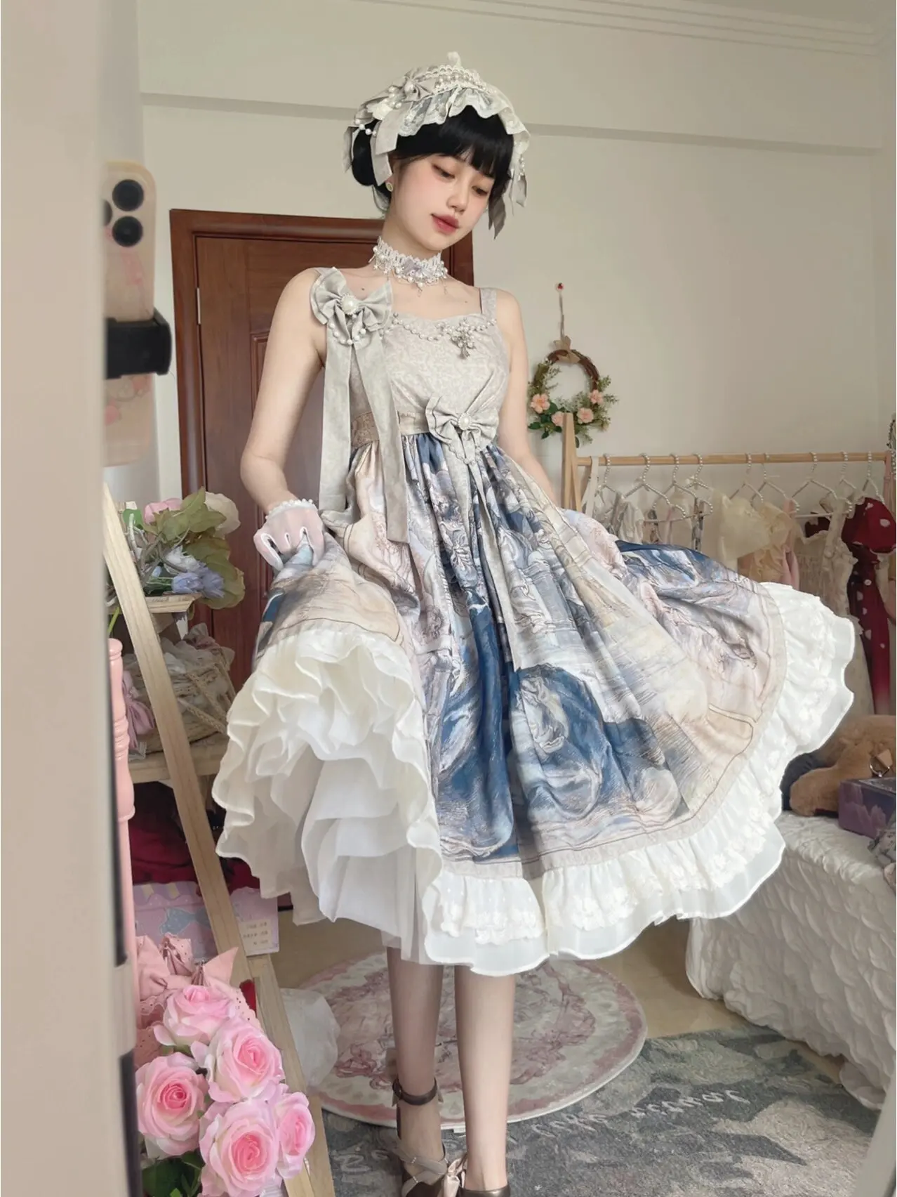 

Sweet Elegant Oil Painting Suspender Dress Shawl
