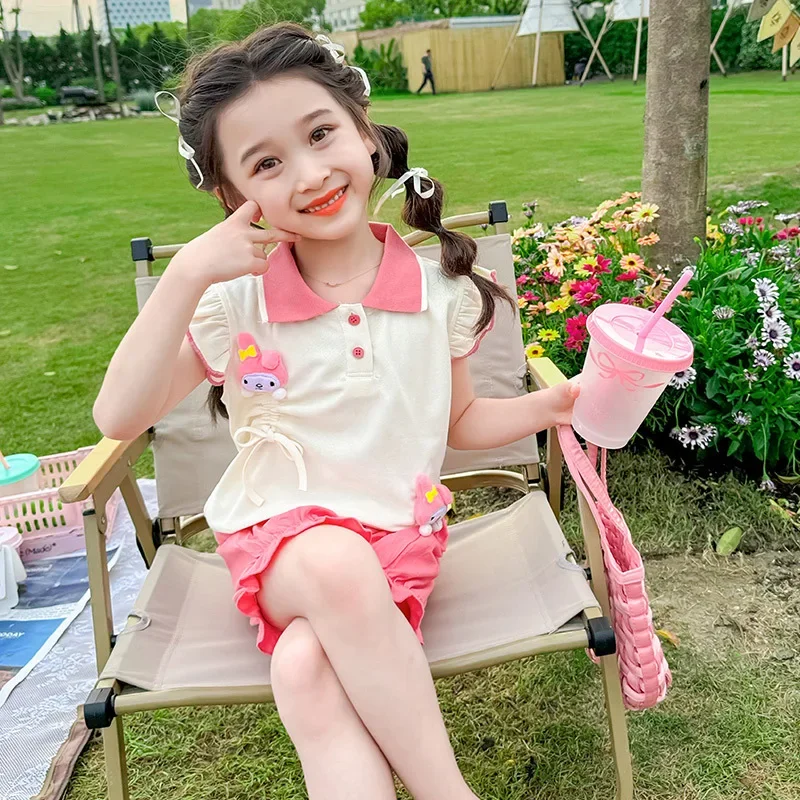 

Новинка, милая рубашка с коротким рукавом и аниме Мой мелодия, футболка Sanrio, аниме Kuromi, летние милые детские штаны с героями мультфильмов, комплект одежды, детский подарок