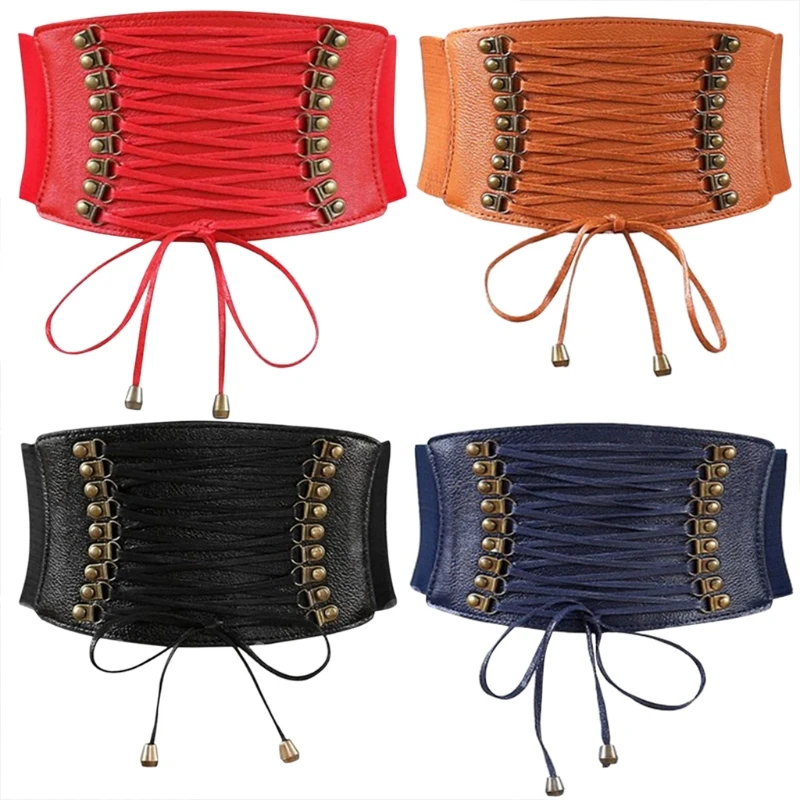 

Women Elastic Wide Band Tied Waspie Girl Corset Waist Punk Cincher Belt PU Leather Ladies