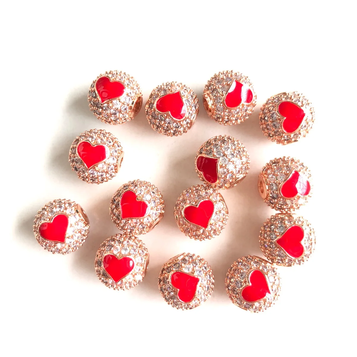 10pcs/Lot 10mm Enamel Red Heart Zirconia Paved Ball Spacers Beads for Women Bracelet Necklace Waist Jewelry Making Accessories