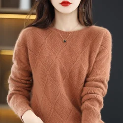 100% mink cashmere sweater Women's knitting sweater O-neck long sleeve pullover Autumn and winter clothing warm top