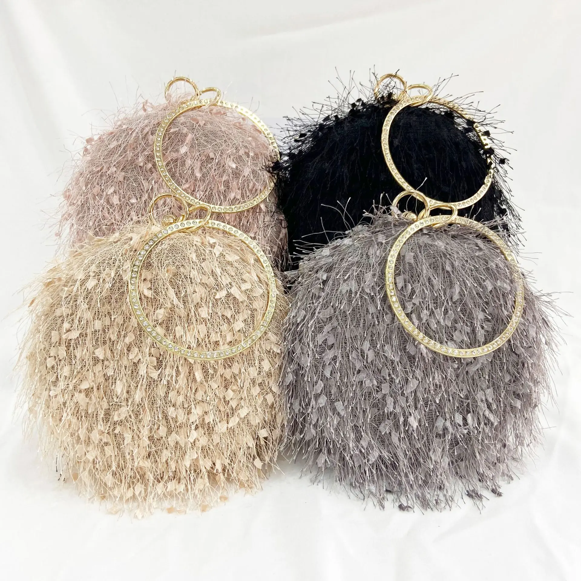2022 new hand-made small round bag handmade furry evening bag one shoulder dress evening wedding wedding banquet bag