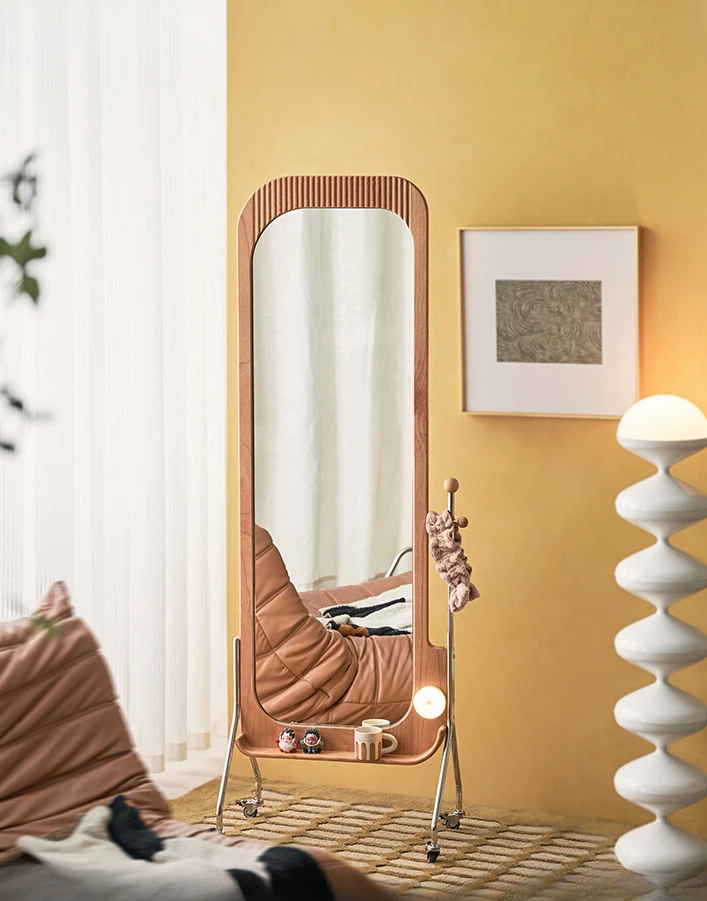 

Solid Wood Bedroom Multi-Functional Floor Mirror Movable Storage Mirror Magazine Rack Rotating Full-Length Mirror