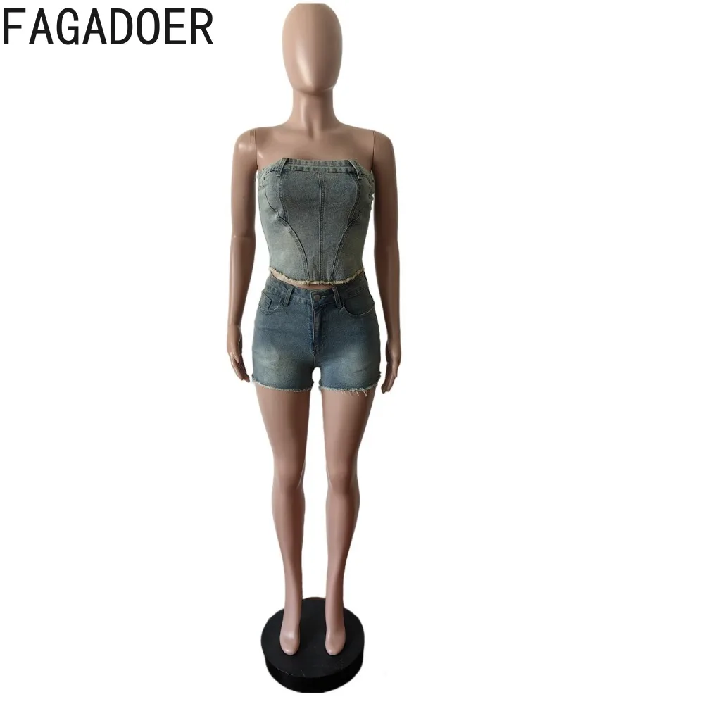FAGADOER Sexy Denim Tube Elasticity Two Piece Sets Women Off Shoulder Sleeveless Backless Top And Shorts 2pcs Cowboy Outfit 2024