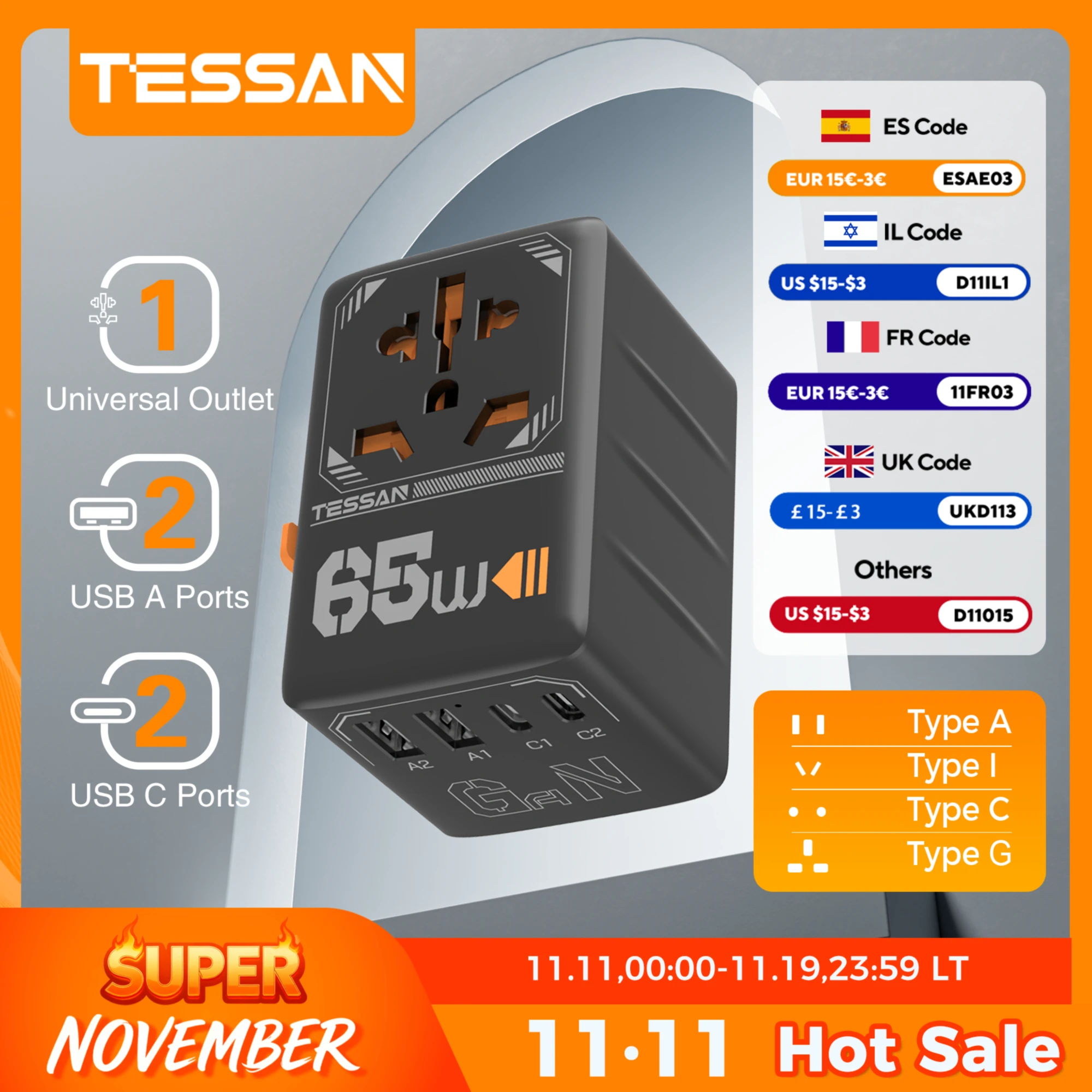 TESSAN 65W GaN Międzynarodowy Adapter Podróżny za $26.3 / ~98zł