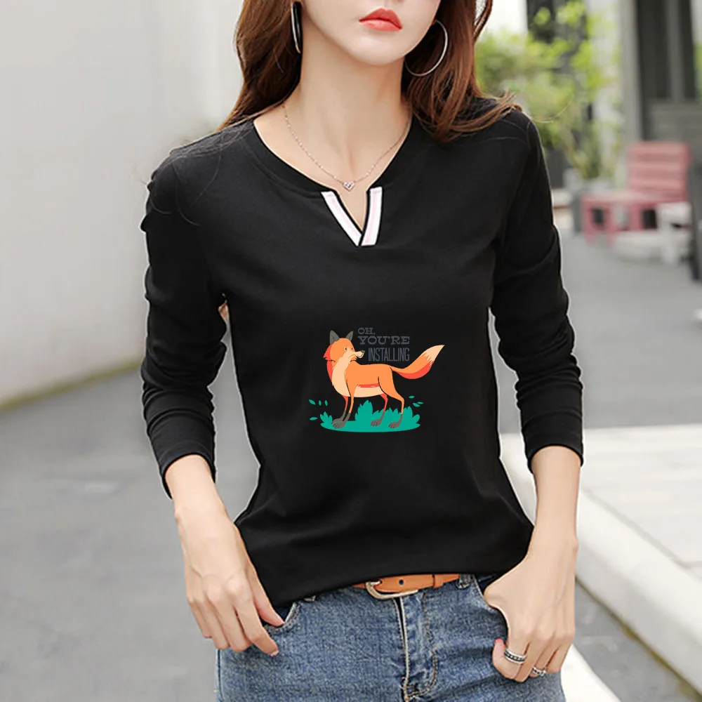 

2022 New V Neck 100% Cotton T Shirt Woman Autumn Fashion Long Sleeve Shirt Women's T-shirt Loose Korean Style Women Shirts #1146