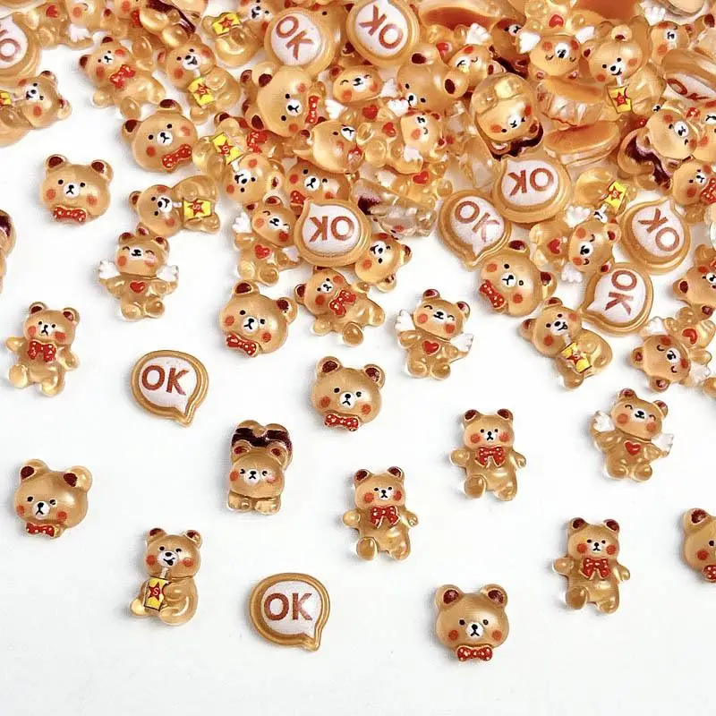 30PCS Resin Kawaii Cartoon Teddy Bear Nail Art Decoration Cute Brown Bear Nail Charms Accessories for DIY Manicure Ornaments