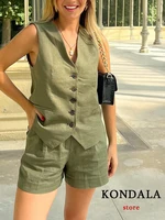 KONDALA Casual Women Suits 2 Pieces V Neck Buttons Vest Blazer+High Waist Wide Leg Shorts Fashion 2025 Summer Vintage Sets - Image 4