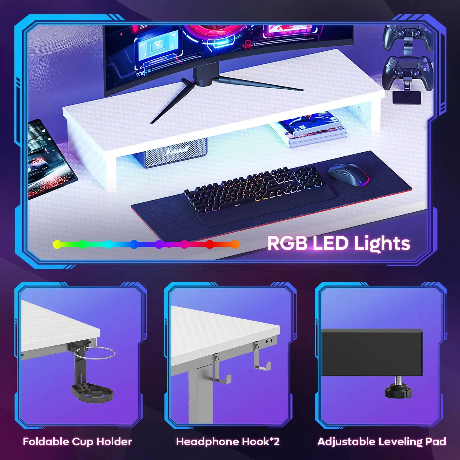 42 inch LED Gaming Desk with Monitor Stand PC Computer Gamer Home Office Table in White 4