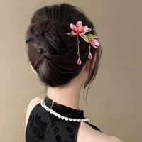 Floral Hair Stick Chinese Style Hairpin, Pink Flower Tassel Retro Traditional Hanfu Elegant Hair Accessory For Women Daily Party 4