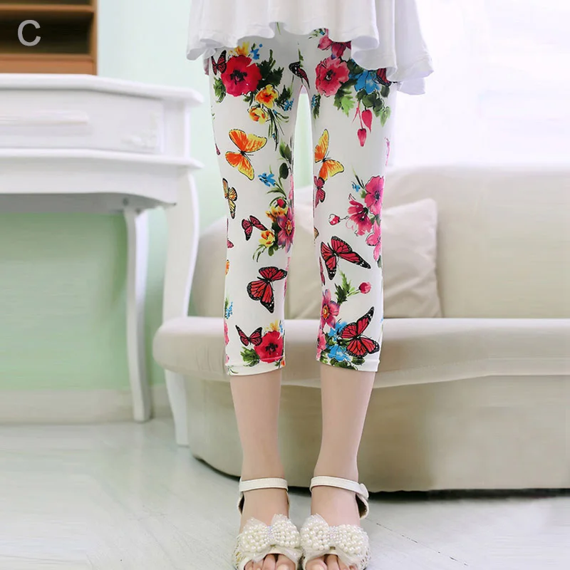 3-10years Girls Cropped Trousers Floral Print Flower Kids Calf Length Skinny Pants Stretch Leggings Children All-matches Bottoms