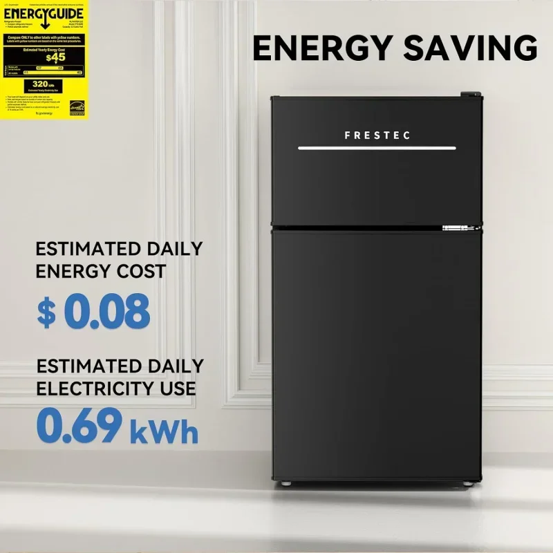 QW3.0 Cu.Ft Compact Refrigerator with 2 Doors,Mini Fridge with Freezer,37dB Quiet,7-Settings Mechanical Thermostat,LED Lights,
