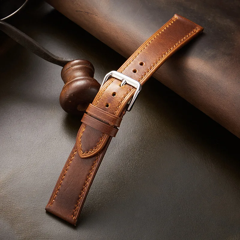 

18mm 19mm 20mm 21mm 22mm Handmade High Quality Thin Vintage oil wax Genuine Leather Watchband Wristband Brown retro Watch Straps
