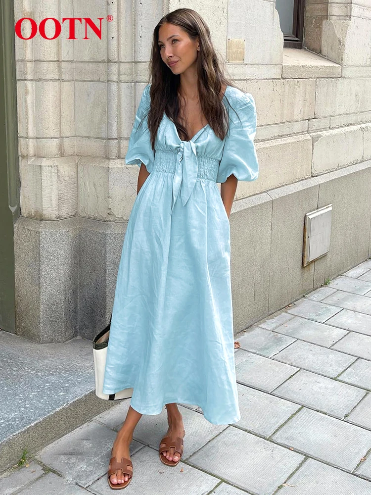 Ootn sexy hohe Taille eine Linie Kleider Frühling elegant blau plissiert Kurzarm Kleid Frauen Vintage Baumwolle Leinen Sommerkleid 2024